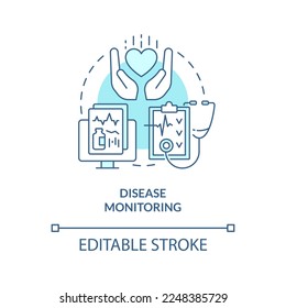Icono de concepto azul de monitorización de enfermedades. Seguimiento. Ilustración de línea delgada de idea abstracta de manejo de enfermedades crónicas. Dibujo de contorno aislado. Trazo editable. Fuentes Arial, Myriad Pro-Bold utilizadas