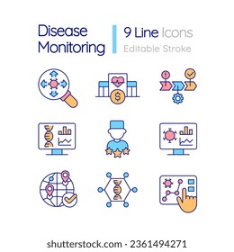 Control de la enfermedad: ajuste de iconos de color RGB. Vigilancia de infecciones. Investigación científica. Ilustraciones vectoriales aisladas. Colección de planos de línea simple rellena. Trazo editable. Tipo de letra rápido y ligero utilizado
