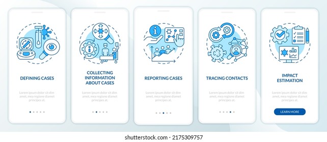 La monitorización de enfermedades se realiza a través de la pantalla azul de la aplicación móvil. Recorrido 5 pasos instrucciones gráficas editables con conceptos lineales. UI, UX, plantilla GUI. Multitud de tipos de letra Pro-Bold, con uso regular