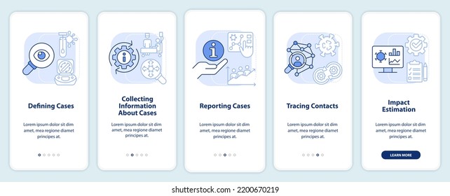 La monitorización de la enfermedad se realiza a través de la pantalla de aplicación móvil de color azul claro. Recorrido 5 pasos instrucciones gráficas editables con conceptos lineales. UI, UX, plantilla GUI. Multitud de tipos de letra Pro-Bold, con uso regular