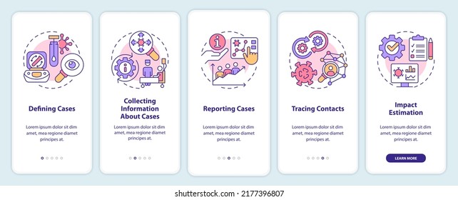 Monitoreo de enfermedades a bordo de la pantalla de aplicaciones móviles. Recorrido 5 pasos instrucciones gráficas editables con conceptos lineales. UI, UX, plantilla GUI. Multitud de tipos de letra Pro-Bold, con uso regular