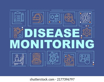Banner azul de conceptos de palabra para monitorización de enfermedades. Vigilancia de infecciones. Infografía con iconos editables en el fondo del color. Tipografía aislada. Ilustración vectorial con texto. Fuente Arial-Black utilizada