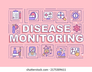 Banner rosa de conceptos de palabras de monitoreo de enfermedades. Vigilancia de infecciones. Infografía con iconos editables en el fondo del color. Tipografía aislada. Ilustración vectorial con texto. Fuente Arial-Black utilizada