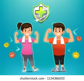 Disease prevention by exercise for people. Strong body to far from germs. happy young life.
