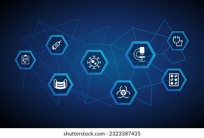 Plantilla de diseño de concepto de prevención de enfermedades con iconos de glifos blancos. Infografía con pictogramas planos editables sobre fondo abstracto. Ilustración vectorial para anuncios, banner web, presentación empresarial