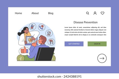 Concepto de prevención de enfermedades. Participar en estrategias de salud proactivas y diagnósticos digitales. Refuerzo positivo en la consulta médica y la conciencia de la enfermedad. Ilustración vectorial plana.