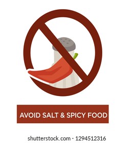 Disease prevention diet avoid salt and spicy food healthy lifestyle vector isolated icon chili pepper dietary proper nutrition medical prohibition and forbidden condiments warning sign healthcare.