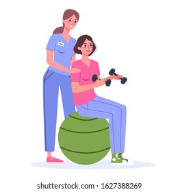 Disease rehabilitation concept. Hospital medical therapy, male character having physiotherapy. Woman working out with a doctor. Vector illustration in cartoon style
