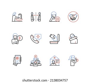 Disease And Safety Measures -line Design Style Icons Set With Editable Stroke. Wash Hands, Keep Distance, Cold Symptoms, Fever, Cough, Sneeze, Hospital, Forced Isolation, Contagious Virus Idea