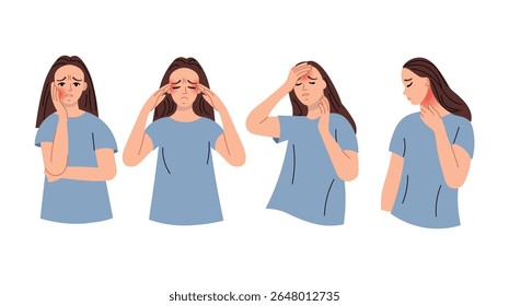 Disease Set. The girl suffers from different types of pain. Toothache, headache, sore throat