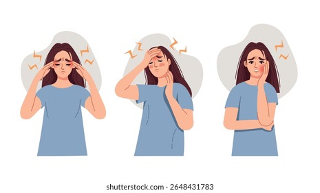 Disease Set. The girl suffers from different types of pain. Toothache, headache, sore throat