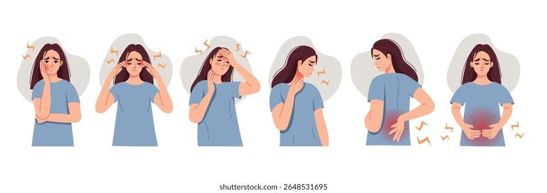 Disease Set. The girl suffers from different types of pain. Toothache, headache, sore throat, tonsillitis.