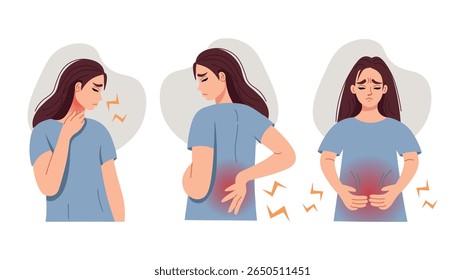 Disease Set. The girl suffers from different types of pain. back pain, sore throat, stomach pain.
