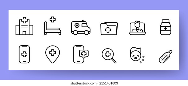 Symbol für Krankheit festlegen. Krankenhaus, Bett, Krankenwagen, medizinisches Buch, Pillen, Lupe, Niesen, Temperatur, etc. Gesundheitskonzept. Vektorsymbol für Business und Werbung.