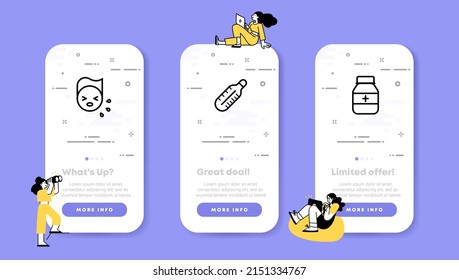 Disease set icon. Sneezing, temperature, thermometer, pills. Recovery. Health care concept. UI phone app screens with people. Vector line icon for Business and Advertising.