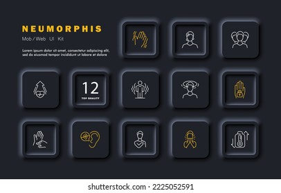 Disease set icon. Temperature, fever, tremor, disability, dizziness, pulse, deafness, hearing problems, chills, headache, heart pain. Health care concept. Neomorphism style. Vector line icon