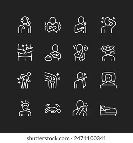 Disease, sickness icons, white lines on black background. Deteriorating health, illness. Viral fevers, chills, body, organ pains, disorders. Customizable line thickness