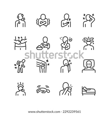 Disease, sickness, linear style icons set. Deteriorating health, illness. Person is sick. Viral illness, fever, chills, pain of organs, pain of parts of the body, disorders. Editable stroke width