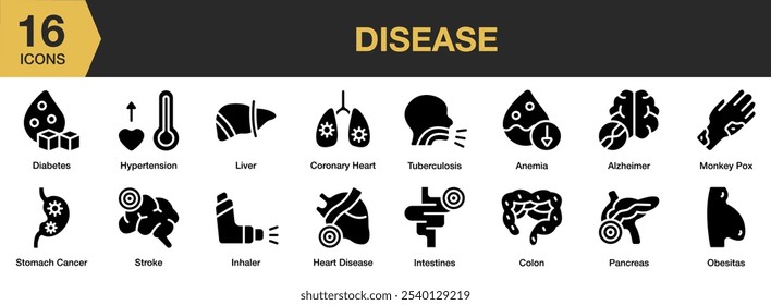 Disease solid icon set. Includes tuberculosis, stroke, stomach cancer, pancreas, obesitas, and More. Solid icons vector collection.