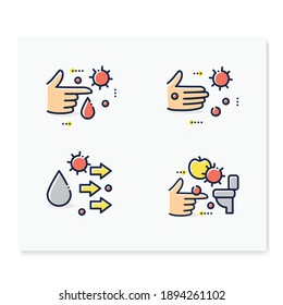 Disease spread concept color icons set. Contact spreading. Covid19, virus disease, influenza or flu transmission. Infection carrier, contagious hands. Isolated vector illustrations