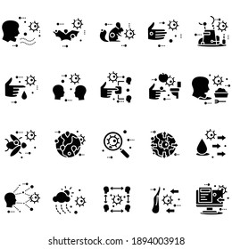 Conjunto de iconos de glifos de concepto de propagación de enfermedades. Covid19, gripe, rotavirus, transmisión de infecciones bacterianas. Las formas de brote de virus llenaron la colección de señales planas. Ilustraciones vectoriales aisladas de siluetas