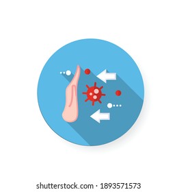 Disease spread stop flat icon. Spreading prevention concept. Covid19, virus disease, influenza or flu transmission barrier. Contact infection. Color vector illustration with shadow