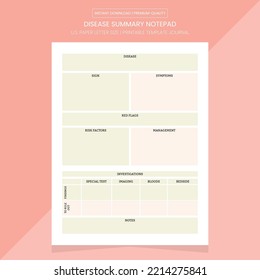 Disease Summary Notepad | Disease Summary Notebook | Disease Summary Log Book | Disease Summary Printable Template