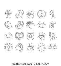 disease symptom health icons set vector. symptom hospital, man vaccine, safety caution, headache fatigue, ill, doctor disease symptom health black contour illustrations