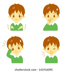 Disease Symptoms 01, fever and chills, headache, nausea, cough, expressions, boy