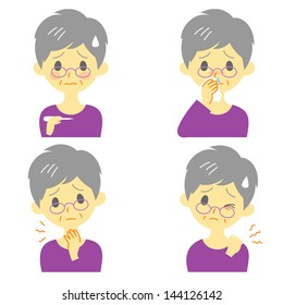 Disease Symptoms 02, fever, sore throat,dripping nose,stiff neck, expressions, old woman