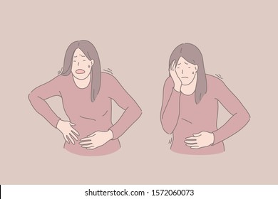 Disease symptoms, abdominal pain, stomach ache and headache, sickness concept. Young woman suffering from pain, sick female, malaise and ailment, bellyache, illness signs. Simple flat vector