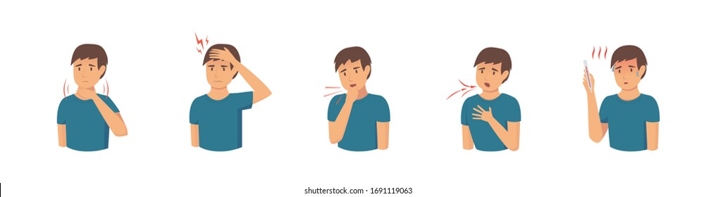 Disease symptoms: 
sore throat, headache, cough, shortness of breath, high fever. Coronavirus symptoms for infographic. Set of isolated vector illustrations on white background.