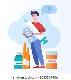 Disease therapy medicament treatment. Drug addiction. Confused man standing and holding medical items. Flat illustration cartoon vector concept web banner design poster isolated on white background