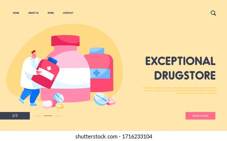 Disease Treatment in Hospital, Healthcare Medicine Service Landing Page Template. Doctor Pharmacist Character in Medical Robe Holding Pills Bottle with Medication Tablets. Cartoon Vector Illustration