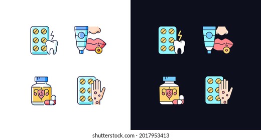 Disease treatment light and dark theme RGB color icons set. Relieve toothaches. Antiviral ointment. Isolated vector illustrations on white and black space. Simple filled line drawings pack