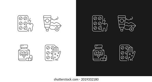 Iconos lineales de tratamiento de enfermedades establecidos para el modo oscuro y luminoso. Aliviar los dolores de dientes. Pomada antiviral. Símbolos de línea delgada personalizables. Ilustraciones aisladas del contorno vectorial. Trazo editable