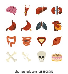 Disease Vector Illustration Icon. Included The Icons As Skin Cancer, Gastritis, Lung Disease, Gallstones, Brain, Cirrhosis And More.