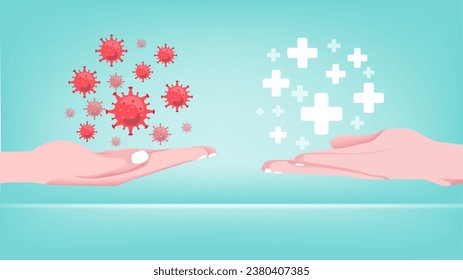 disease or virus and medication or treatment methods with a hand concept carrying the virus and replied with a hand that carries the medicine, disease management illustration, virus and medicine