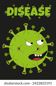 Disease X Pathogen character in trendy Rubber Hose style isolated on black background. Green Virus mascot in Groovy retro style. Vector illustration can used medical web social media poster. EPS 10