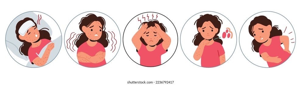 Niños con fiebre, erupción, dolor de cabeza, dolor muscular o dolor de espalda. Carácter de niña enferma con síntomas del virus de la varicela de mono. Niños con infografías de la enfermedad de la varicela. Ilustración de vectores de personas de caricatura