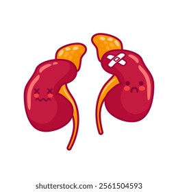 Diseased human kidneys. Cute characters in kawaii style. Organs, urinary system. Vector illustration, flat style. Health problems. For stickers, books, design. Medical brochure template.