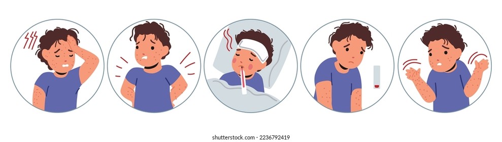 Diseased Kid with Monkeypox Diagnosis Symptoms Infographic Icons. Little Boy Character with Monkey Pox Virus. Sick Baby Suffer of Fever, Rash, Chills, Headache. Cartoon People Vector Illustration