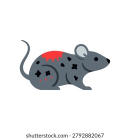 Diseased laboratory rat with dark spots and red infection markings. A gray rodent depicted in a flat style featuring black blotches and a vibrant red patch suggesting a wound or plague. Ideal for medical articles or pest control infographics.