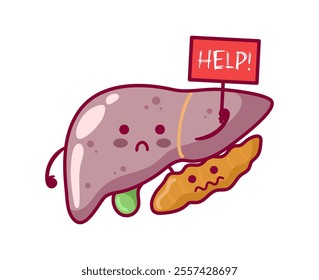 Diseased liver, gall bladder and pancreas. Cute characters in kawaii style. Affected organs, digestive system. Hepatitis, cirrhosis. For stickers, books, design. Medical brochure template.