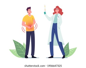 Diseased Male Patient Character Visiting Urologist Doctor With Painful Urinary Tract Infection Symptoms. Urology System Sickness, Bacterial Bladder Inflammation. Cartoon People Vector Illustration