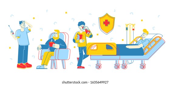 Diseased Men Patients Having Virus Infection or Flu Disease. Illness, Health Care Concept. Sick People Getting Treatment with Medicine and Hot Drinking. Cartoon Flat Vector Illustration, Line Art