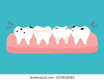 Diseased teeth with caries, cracks, chips, inflammation, plaque. Toothache. Vector hand-drawn illustration in flat style. Dental care, oral hygiene concept.