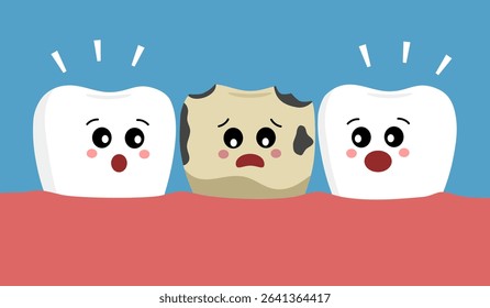 Diseased teeth with caries, cracks, chips, inflammation, plaque. Toothache. Vector hand-drawn illustration in flat style. Dental care, oral hygiene concept.