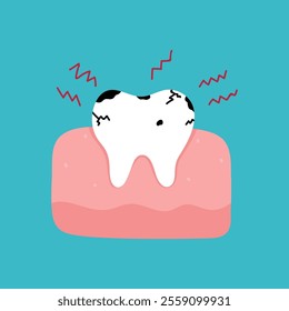 A diseased tooth affected by caries. Toothache. Vector hand-drawn illustration in flat style. Dental care, oral hygiene concept.