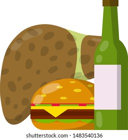 Diseased unhealthy liver. Health problem. Wrong diet. Greasy food, Burger, alcohol, beer.